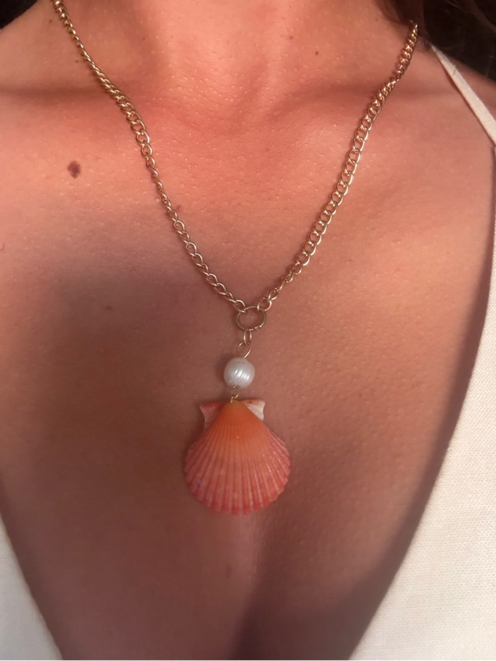 Gold Chain Necklace with Orange Shell Pendant and Pearl Accent - Women's Jewelry